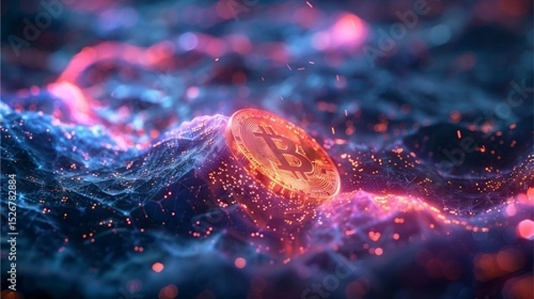 Fototapeta glowing bitcoin coin on a vibrant, abstract background