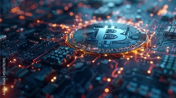 Fototapeta a bitcoin with an intricate circuit board design, illustrating the concept of digital currency and cryptocurrency