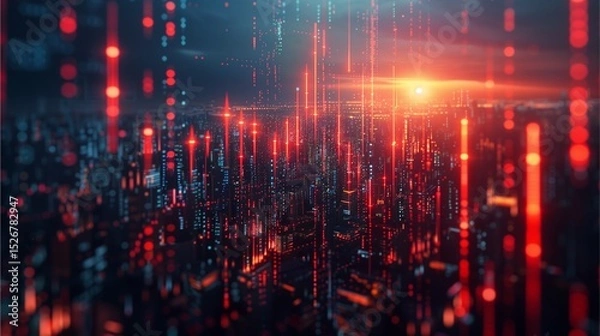 Fototapeta a futuristic cityscape glows with digital light, the urban landscape enhanced by data streams and modern technology. The city's lights shine boldly