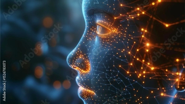 Fototapeta a futuristic digital human face, with glowing lines that illustrate neural networks