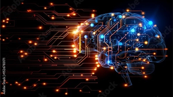 Fototapeta An illuminated brain with digital connections, symbolizing the concepts of AI and technology