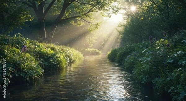 Fototapeta Sunlight path through lush forest