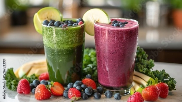 Fototapeta Two glasses of vibrant smoothies, garnished with fresh fruit, are a delicious and healthy treat