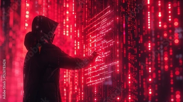 Fototapeta a hooded figure interacting with glowing red code, creating a mysterious, futuristic scene.