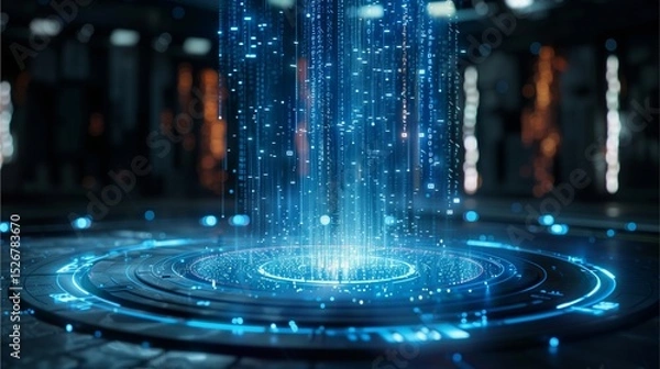 Fototapeta a glowing blue light descends onto a futuristic platform, creating a visually stunning display of energy and technology