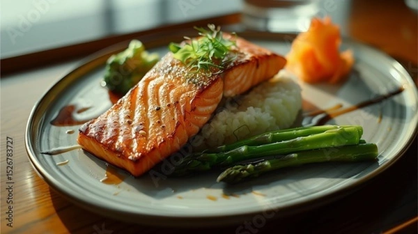 Fototapeta a beautifully plated salmon dish, a culinary delight featuring a grilled salmon fillet, and tasty side