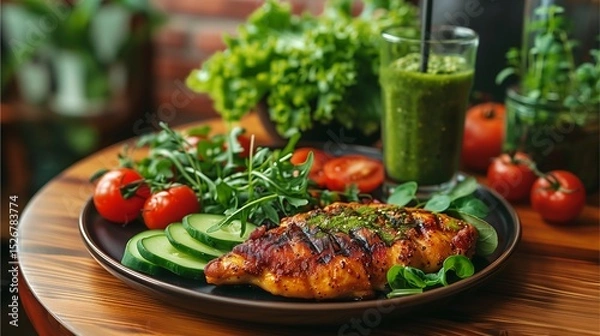 Fototapeta a well-prepared meal featuring grilled chicken, fresh vegetables, and a vibrant green smoothie, promoting a healthy lifestyle