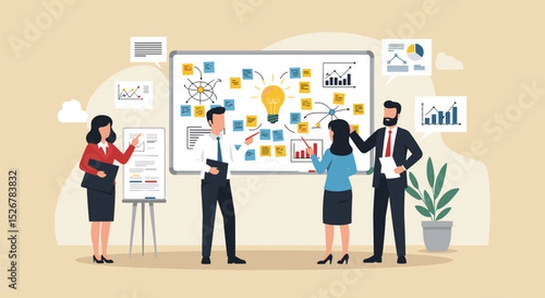 Fototapeta Business Workshop Concept. Vector cartoon illustration of a close-up group of diverse people standing near a board with sticky notes and discussing an idea. Isolated on background.