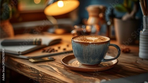 Fototapeta a serene close-up shot of a coffee in cup placed on wooden table. This image evokes a sense of warmth, comfort, and productivity 