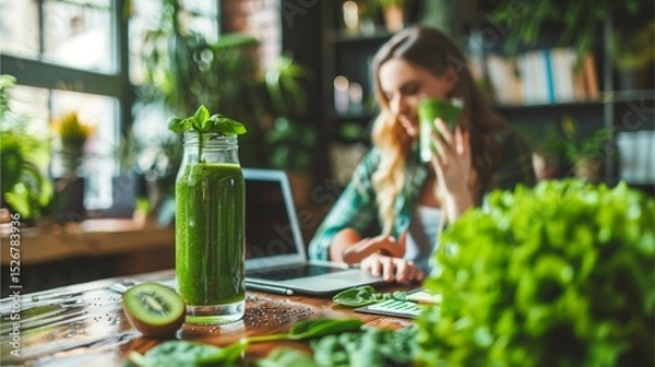 Fototapeta a woman working on laptop with a healthy green smoothie