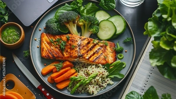 Fototapeta A delicious and healthy meal on a plate, featuring salmon, vegetables, and grains. The vibrant colors of the ingredients create an appealing and nutritious presentation. 