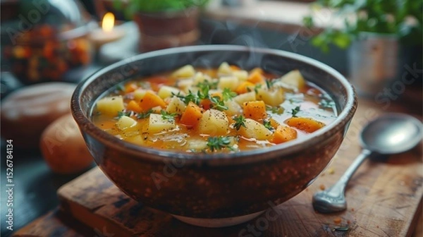 Fototapeta A bowl of hearty soup with fresh ingredients, captured in a warm and inviting setting