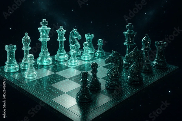 Obraz Futuristic chess set with transparent and dark pieces on glowing board uses chess as metaphor for strategy and intelligence in digital world
