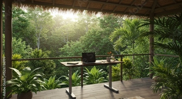 Fototapeta Tropical rainforest view through covered area in rain