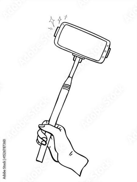 Fototapeta Hand holding selfie stick with smartphone monochrome vector illustration painted by black inks. Mobile phone on monopod line art for social media, travel blogs, event advertising, influencer content
