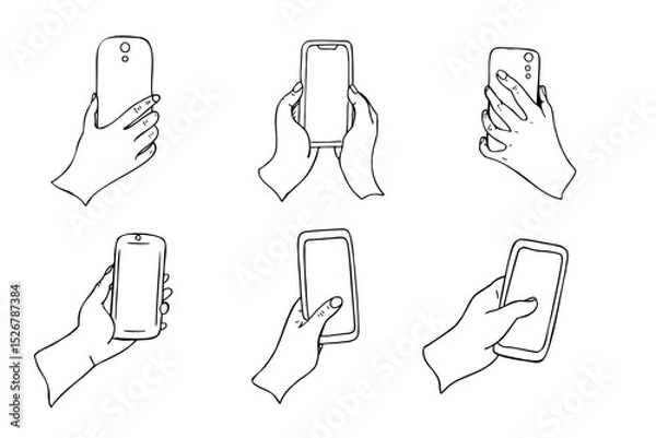 Fototapeta Monochrome hand holding vertically phone with white display vector isolated sketch painted by black inks. Empty spice on mobile device for any text hand drawn illustration for poster