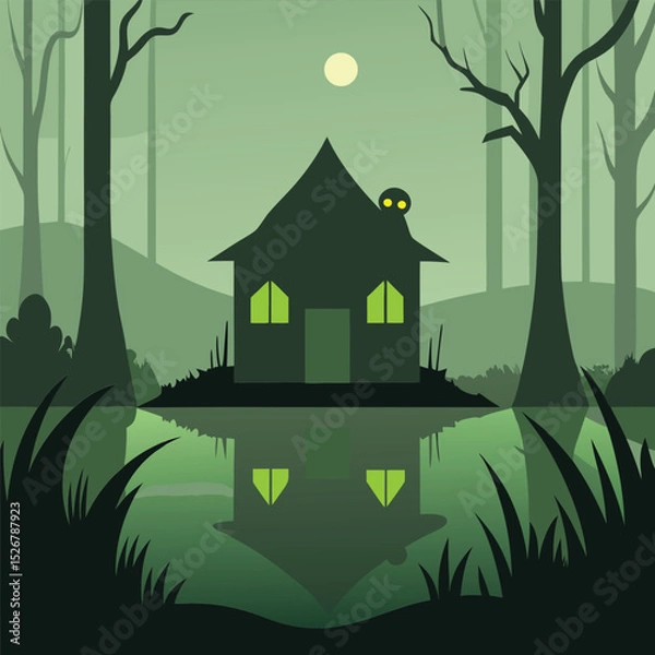 Fototapeta Spooky house silhouette with glowing eyes reflected in calm lake surrounded by forest