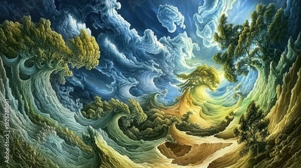 Fototapeta A swirling landscape of sculpted trees and clouds.