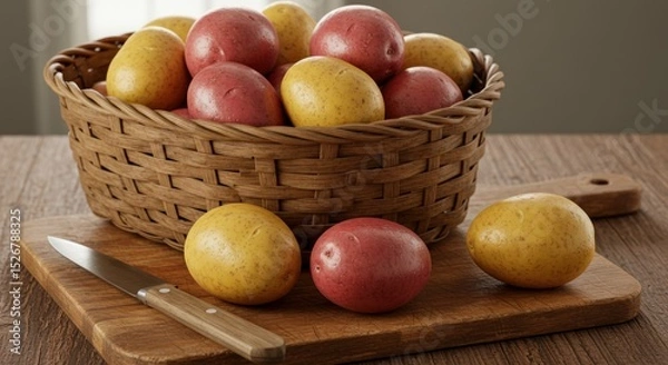 Fototapeta Various potatoes in rustic basket on wooden board