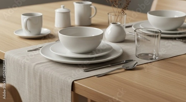 Fototapeta White tableware on beige linen tablecloth