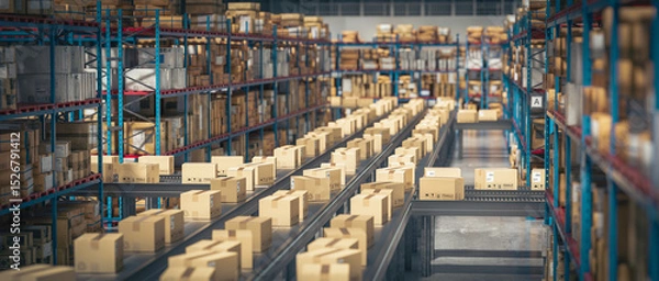 Fototapeta Cardboard boxes on conveyor belt distribution warehouse 3d