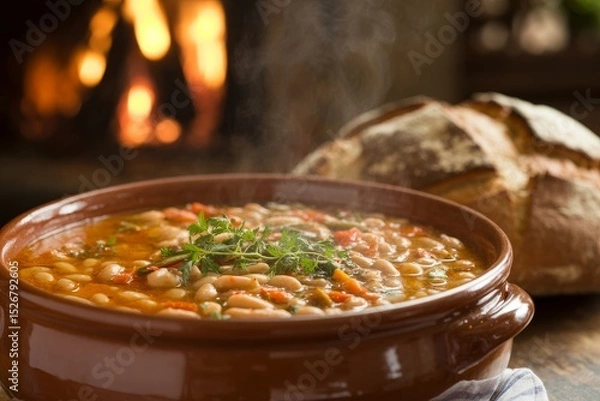 Fototapeta Warm and inviting pot of homemade bean soup with fresh herbs and rustic bread beside a cozy fireplace