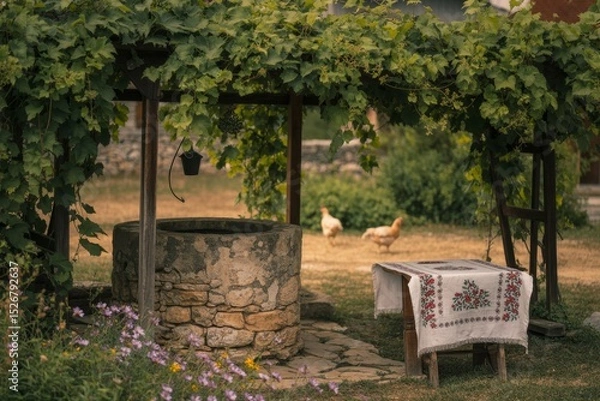 Fototapeta Rustic countryside retreat with a stone well, vibrant flowers, and free-ranging chickens under a grapevine trellis