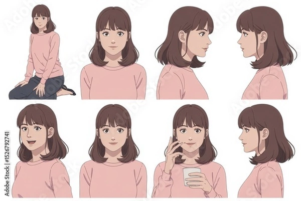 Fototapeta Expressions of joy and curiosity capture a young woman in various poses during a cozy afternoon