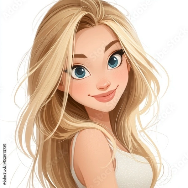 Fototapeta Captivating cartoon illustration of a joyful pregnant woman with blonde hair, blue eyes, and a charming expression in a whimsical style