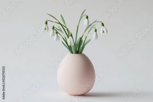 Fototapeta Elegant snowdrops in a pinkish oval vase on a minimalistic white backdrop create a serene and fresh atmosphere