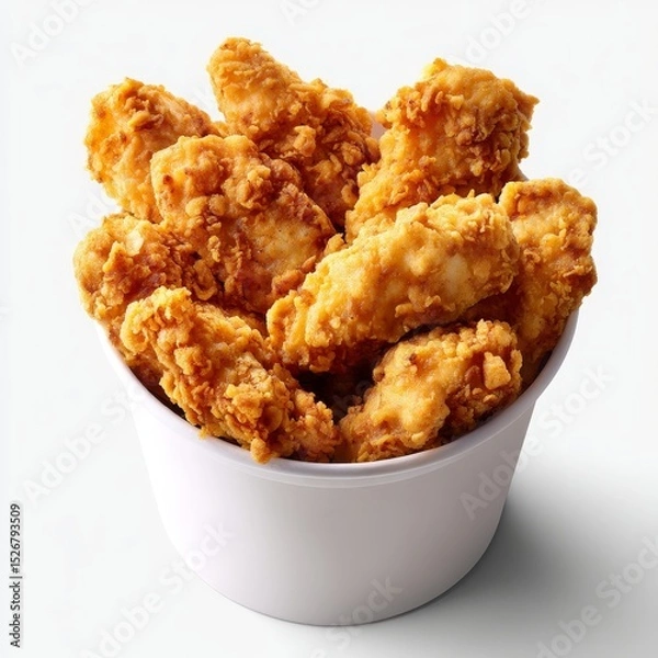 Fototapeta Crispy chicken tenders in a bucket invite indulgence with their golden-brown crunchy texture displayed perfectly against a white backdrop
