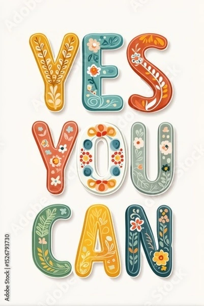 Fototapeta Empowering vibrant design featuring the phrase 'Yes You Can' adorned with floral patterns and bold colors for inspiration and motivation