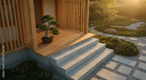 Fototapeta Wooden entryway steps with garden view