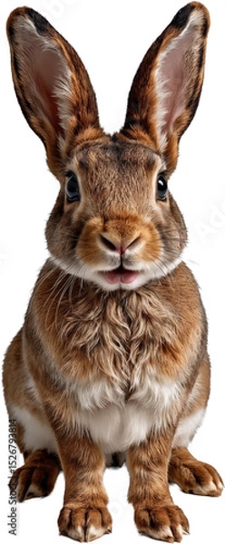 Fototapeta A rabbit in a close-up pose on a transparent background, showcasing detailed fur, expressive eyes, and large ears.