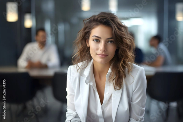 Obraz Young woman in glasses works in modern office environment during the day with colleagues in the background