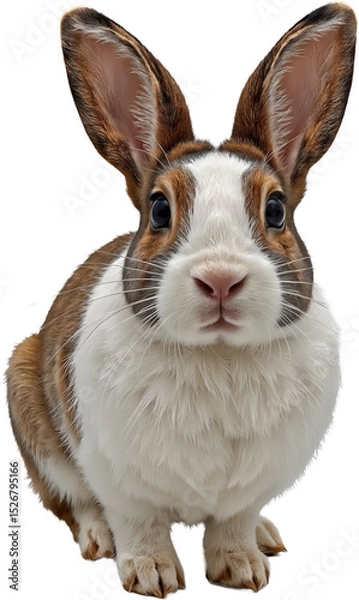 Fototapeta A rabbit in a close-up pose on a transparent background, showcasing detailed fur, expressive eyes, and large ears.