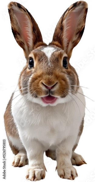 Fototapeta A rabbit in a close-up pose on a transparent background, showcasing detailed fur, expressive eyes, and large ears.