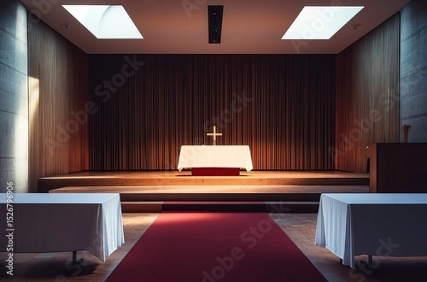 Fototapeta A photograph of the empty modernist church hall, with two tall white tables on each side and a red carpet