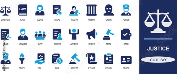 Fototapeta Flat solid  justice icon set with law, court, judge, rights, police, gavel, scale, trial, and arrest. Ideal for legal, UI, and civic design projects.