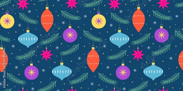 Fototapeta Christmas seamless pattern of vintage tree decorations. Design for wrapping paper, packaging, fabric.