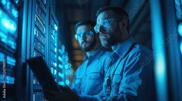 Fototapeta Two IT engineers monitoring server status with glasses in data center server room, database storage.
