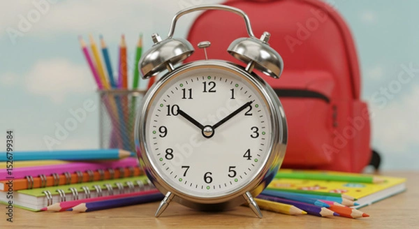 Fototapeta Classic alarm clock with colorful pencils and red backpack on desk  
