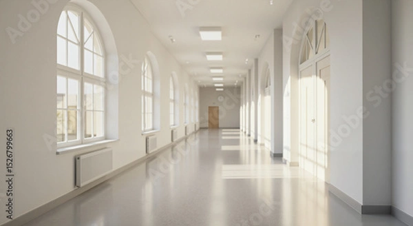 Fototapeta Modern hallway with large windows and polished floor in daylight  