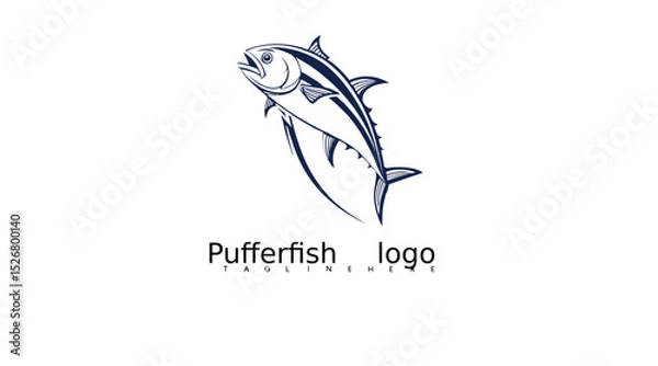 Fototapeta Marine-themed pufferfish vector logo illustration in fun outline style for tropical fish packaging, eco branding materials, seafood restaurant visuals, and educational aquatic designs.

