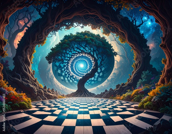 Obraz Surreal tree spirals into sky as metaphor for life on chessboard patterned ground blending nature and fantasy in vivid colors