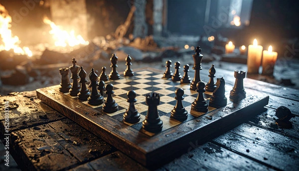 Obraz Chess game set as metaphor for strategy and battle with black pieces on wooden board lit by candlelight in dark rustic room