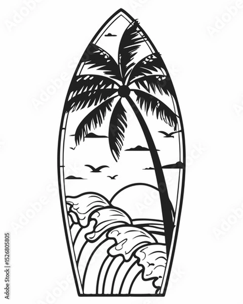 Fototapeta Surfboard Design Palm Tree, Ocean Waves, Sunset Illustration