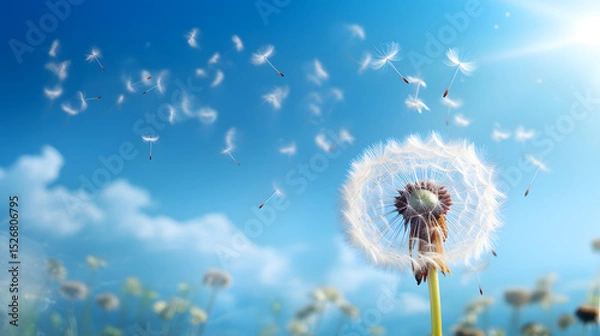 Obraz Dandelion seeds disperse gracefully in a clear blue sky during a calm afternoon in nature