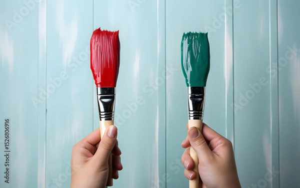 Obraz Choosing paint colors for a creative project with red and green brushes in hands