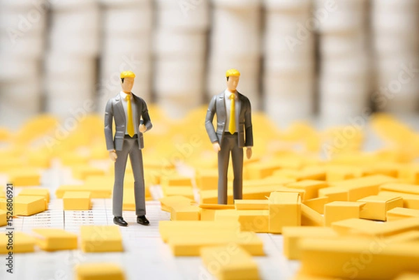 Fototapeta Business figures strategizing in a dynamic environment filled with yellow blocks during a corporate planning session